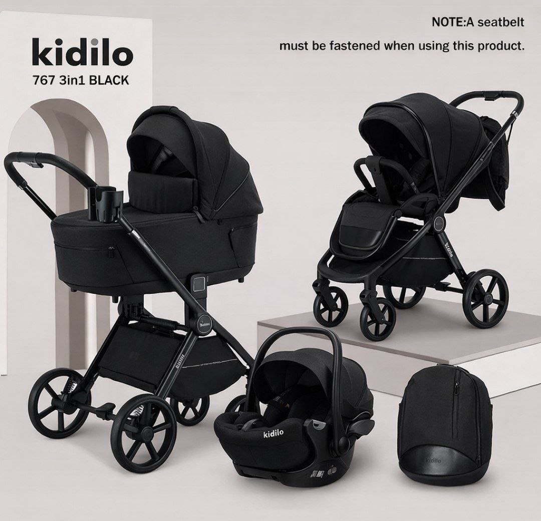 Детская коляска, цвет BLACK арт.767 3в 1